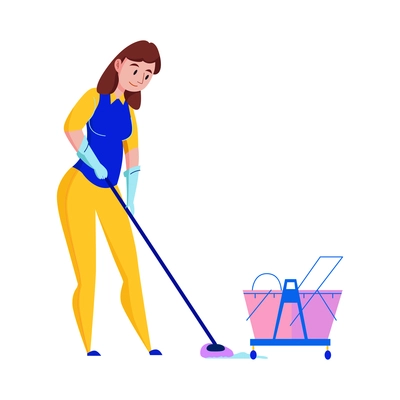 Female cleaning service worker mopping floor flat vector illustration