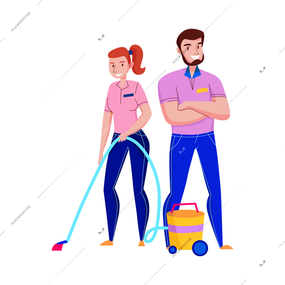 Flat couple of professional workers from cleaning service with vacuum cleaner vector illustration