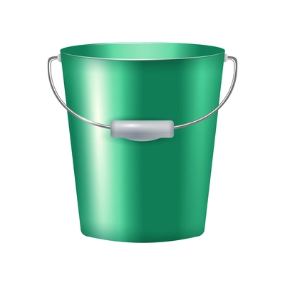 Green metal bucket with handle on white background realistic vector illustration