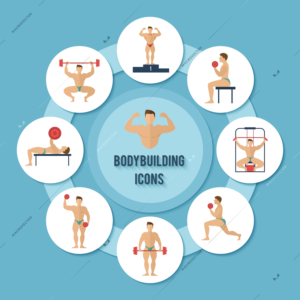 Bodybuilding sport and fitness muscle training decorative paper icons set vector illustration