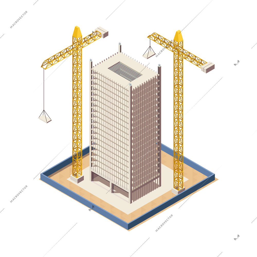 Skyscraper construction process isometric icon with unfinished building and two cranes 3d vector illustration