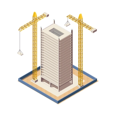 Skyscraper construction process isometric icon with unfinished building and two cranes 3d vector illustration