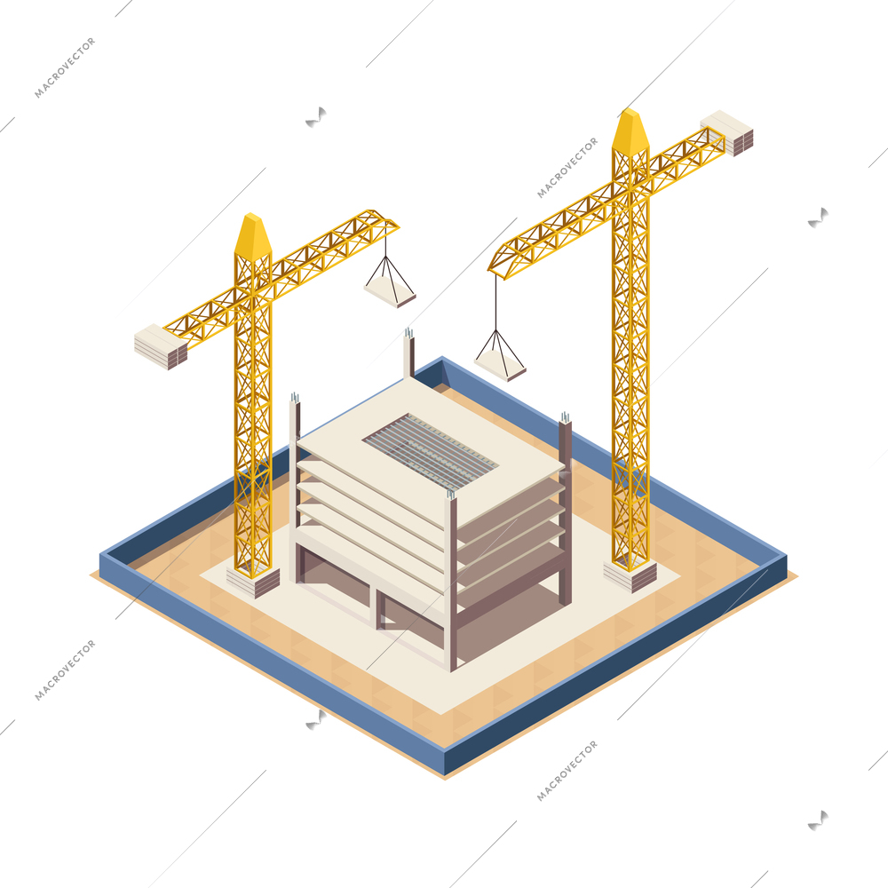 Multistorey residential building construction site with two cranes 3d isometric vector illustration