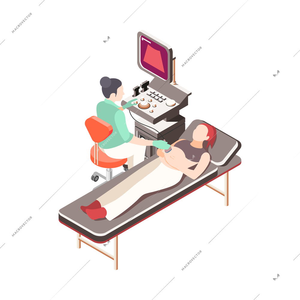 Women health isometric icon with pregnant woman during ultra sound scanning 3d vector illustration