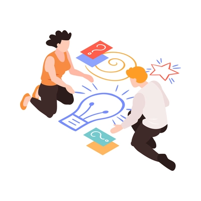 Isometric teamwork brainstorming concept creative process situation with human characters 3d vector illustration