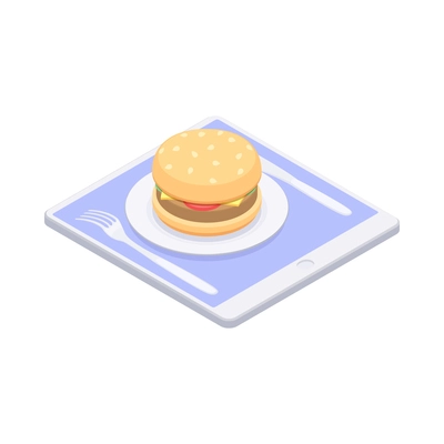 Ecommerce food delivery isometric icon with burger and tablet 3d vector illustration