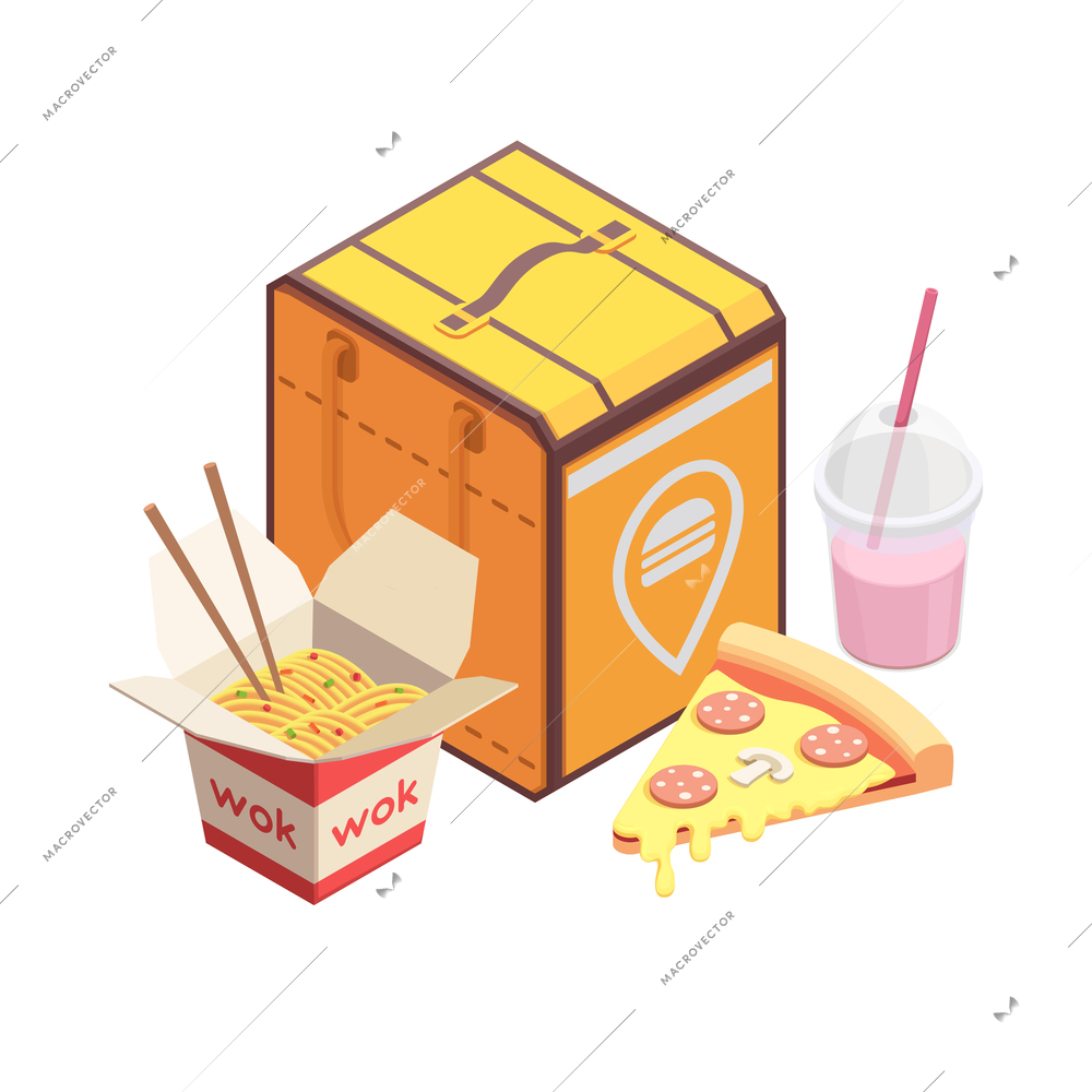 Ecommerce food delivery isometric icon with bag pizza noodles drink 3d vector illustration