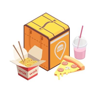 Ecommerce food delivery isometric icon with bag pizza noodles drink 3d vector illustration