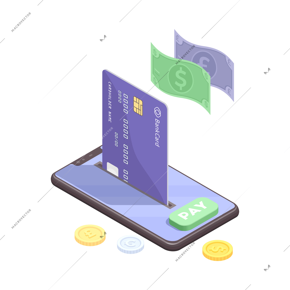 Ecommerce online payment isometric icon with smartphone and credit card 3d vector illustration