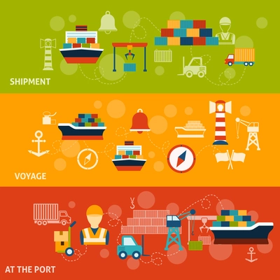 Seaport flat horizontal banner set with shipment voyage port isolated vector illustration