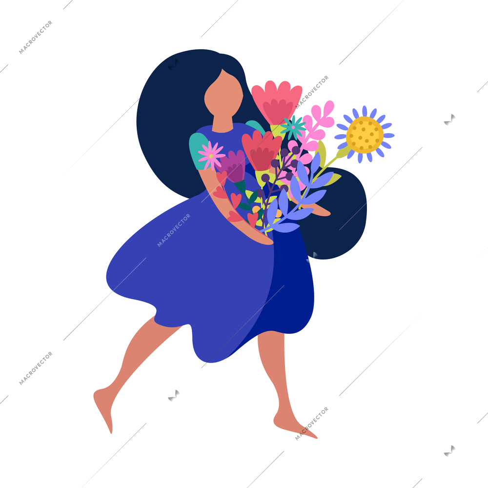 Flat girl in blue dress with long dark hair walking with bunch of spring flowers vector illustration