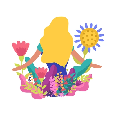 Flat romantic composition with back view of blond girl surrounded with spring flowers vector illustration