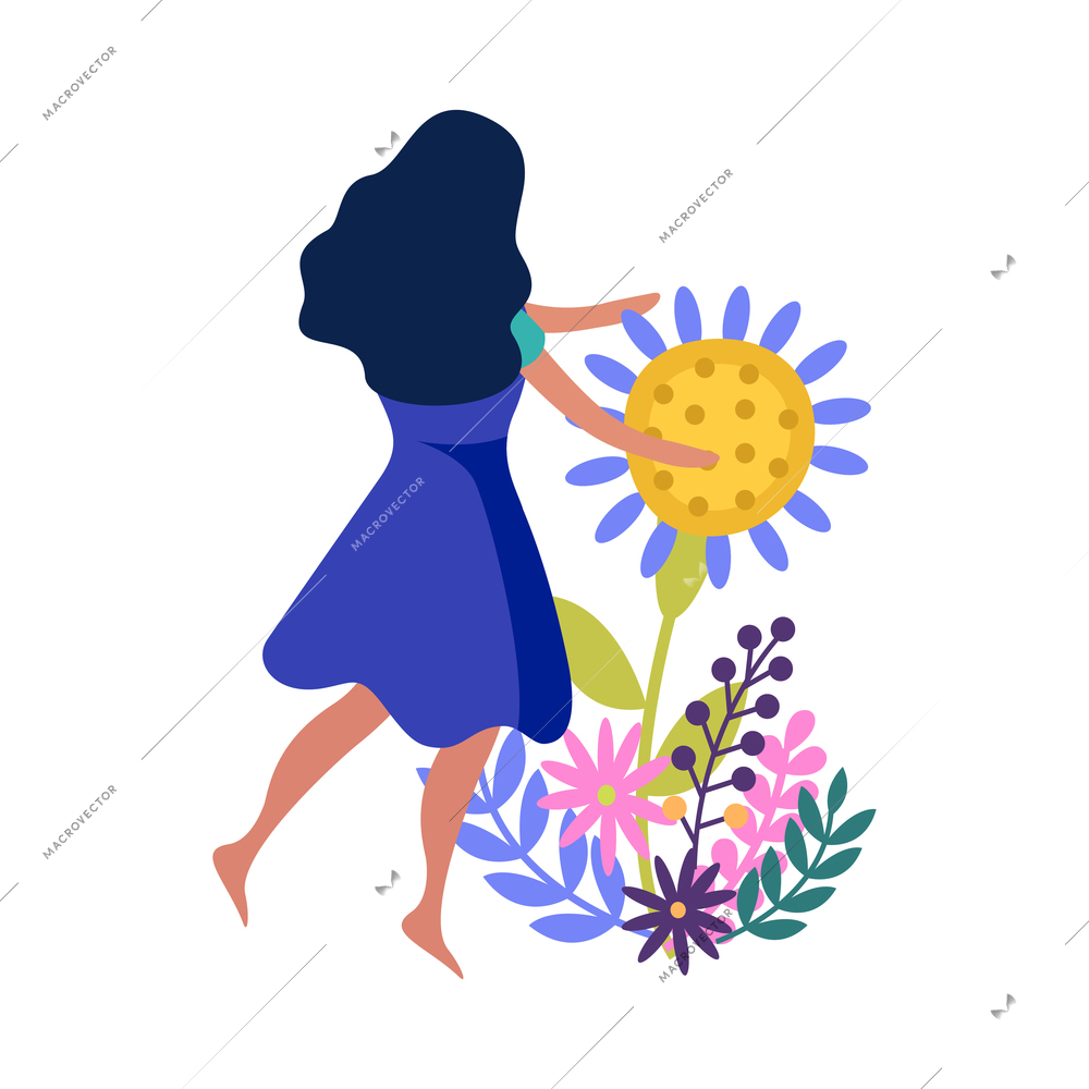 Flat girl with dark hair and spring flowers on white background vector illustration