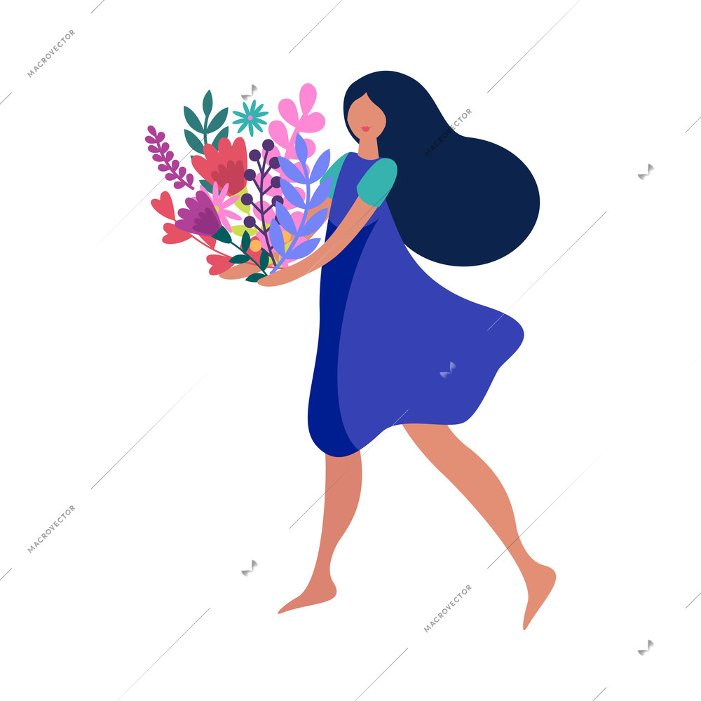 Dark haired girl carrying bunch of spring flowers and leaves flat vector illustration