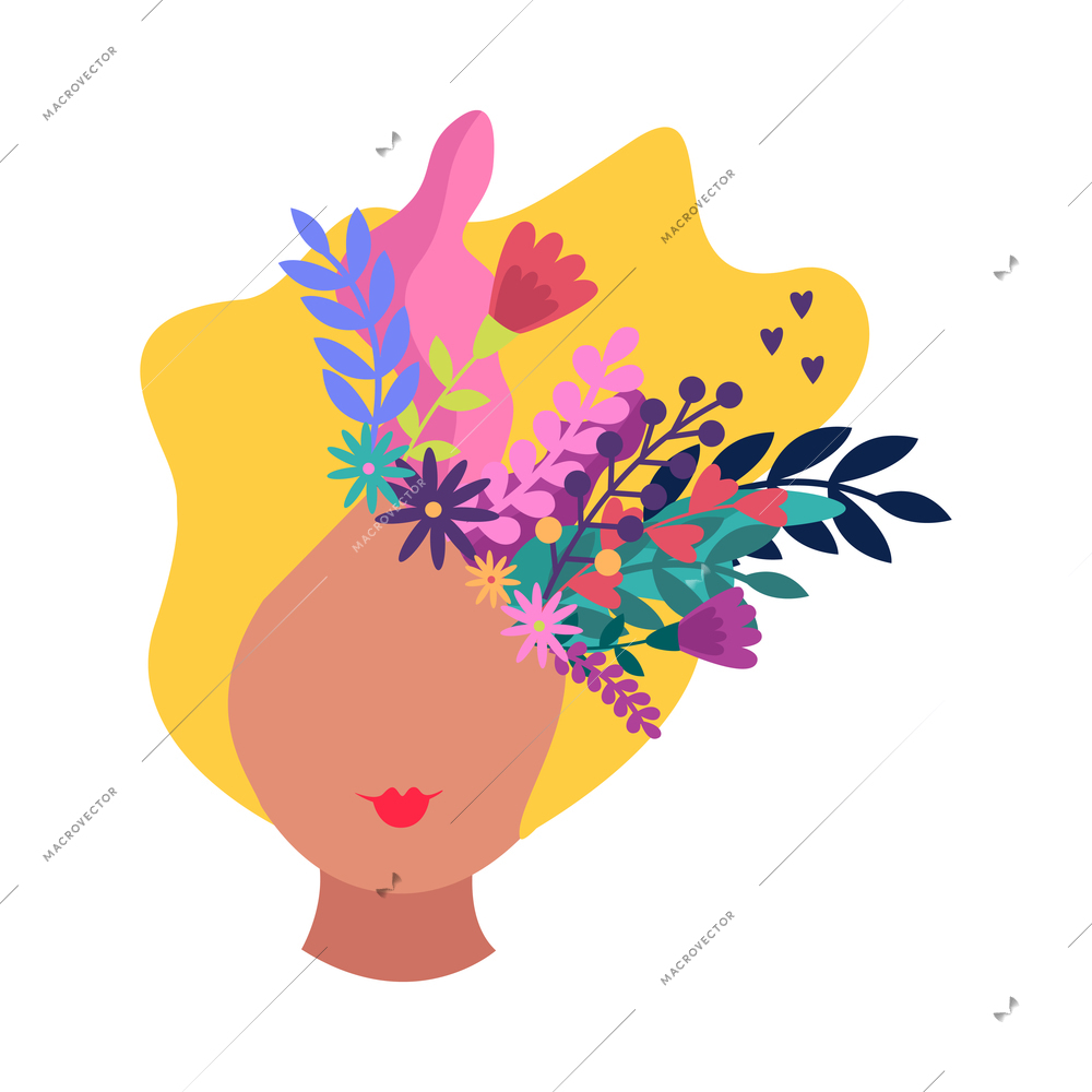 Flat girl face with spring flowers and twigs in blond hair vector illustration