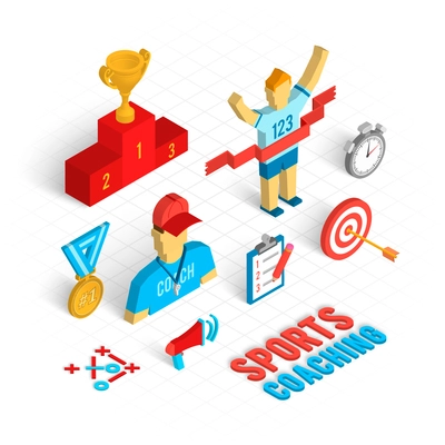 Sport coaching concept with isometric decorative icons set isolated vector illustration