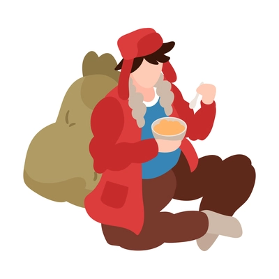 Isometric homeless person having hot meal outdoors 3d vector illustration