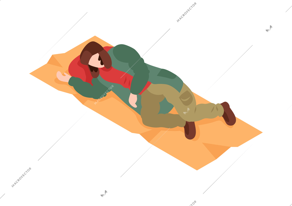 Isometric desperate homeless person sleeping outdoors 3d vector illustration