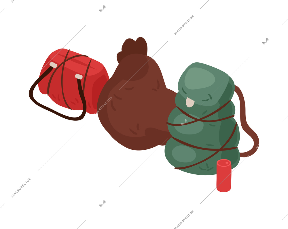 Bags and backpack of refugees or homeless people 3d isometric icon vector illustration