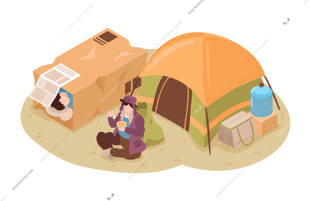 Poor people sleeping and eating at camp for homeless 3d isometric vector illustration