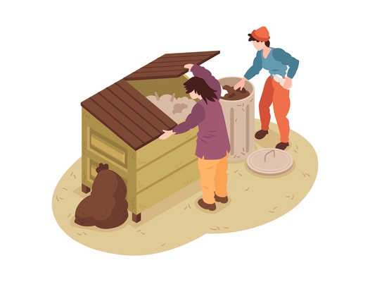 Isometric homeless people looking for plastic or food in trash containers 3d vector illustration