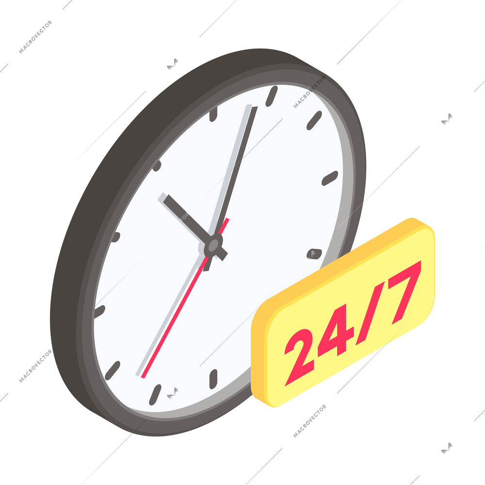 Twenty four hours service isometric icon with clock 3d vector illustration