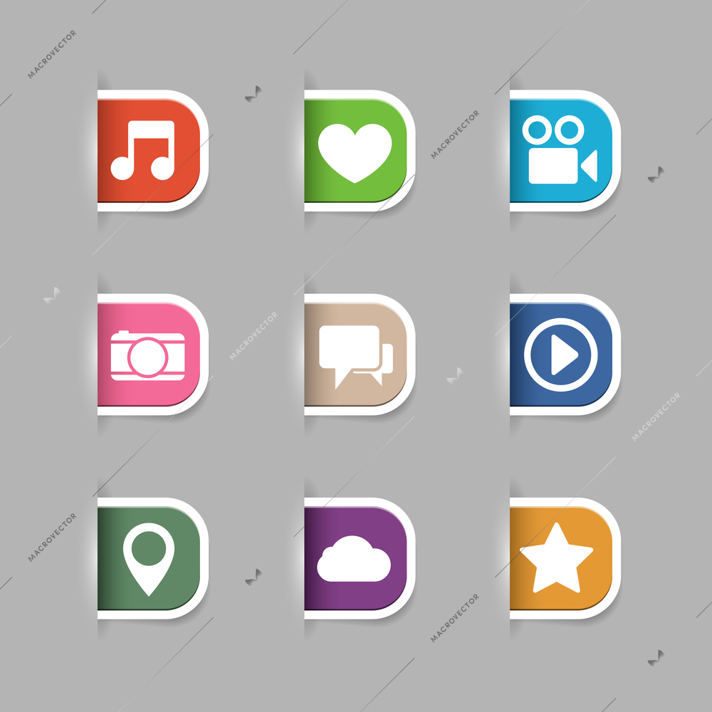 Collection of social media pictograms for music video photos and chat isolated vector illustration