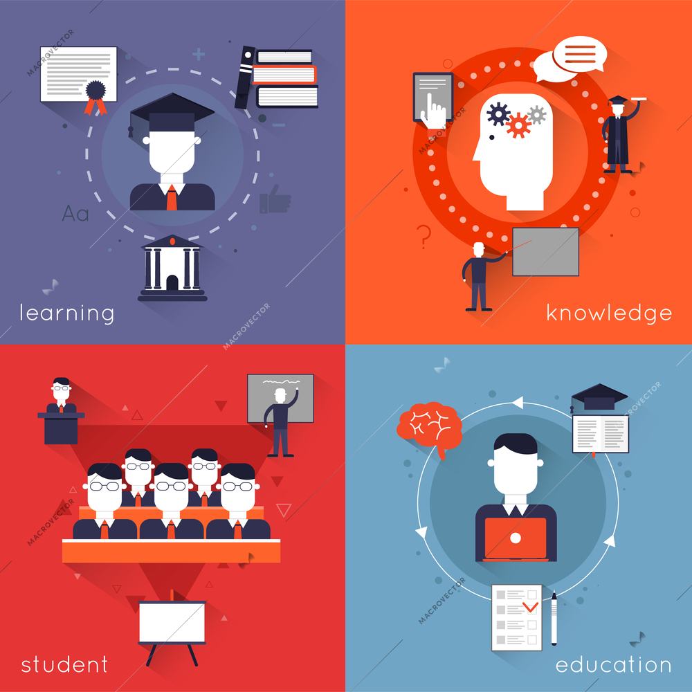 Higher education flat icons set with learning knowledge student isolated vector illustration