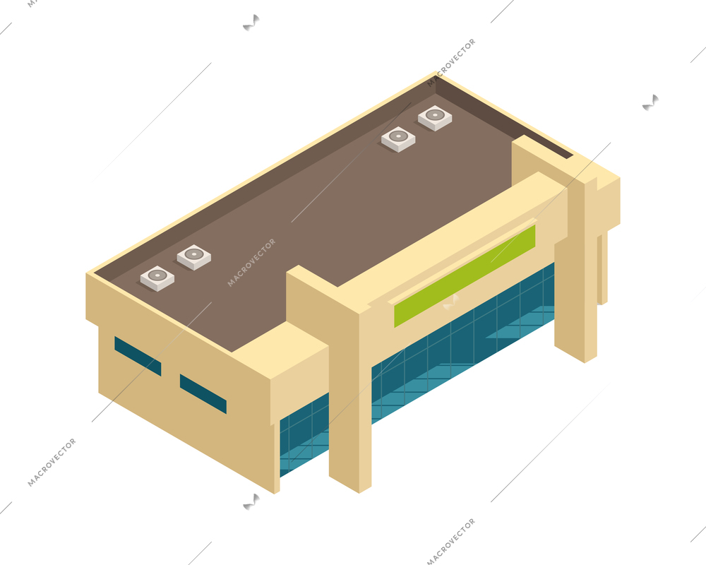 Isometric low rise store shopping centre building exterior 3d vector illustration