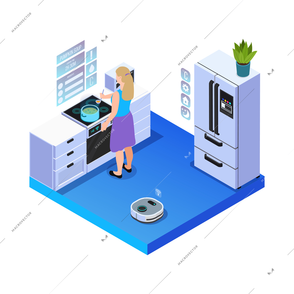 Virtual augmented reality composition with woman cooking in kitchen with smart electronic appliances 3d vector illustration