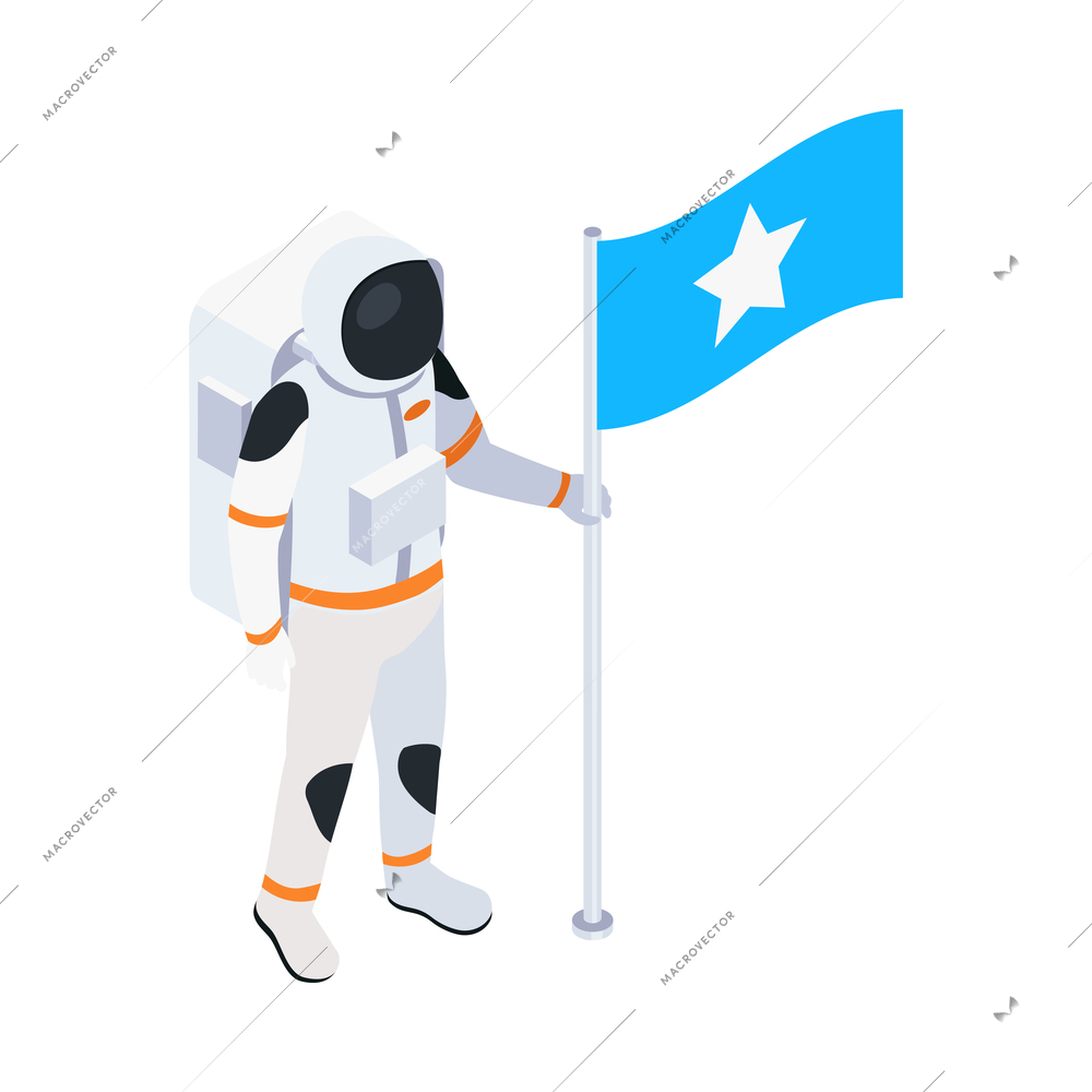 Space exploration isometric icon with astronaut in spacesuit with flag 3d vector illustration