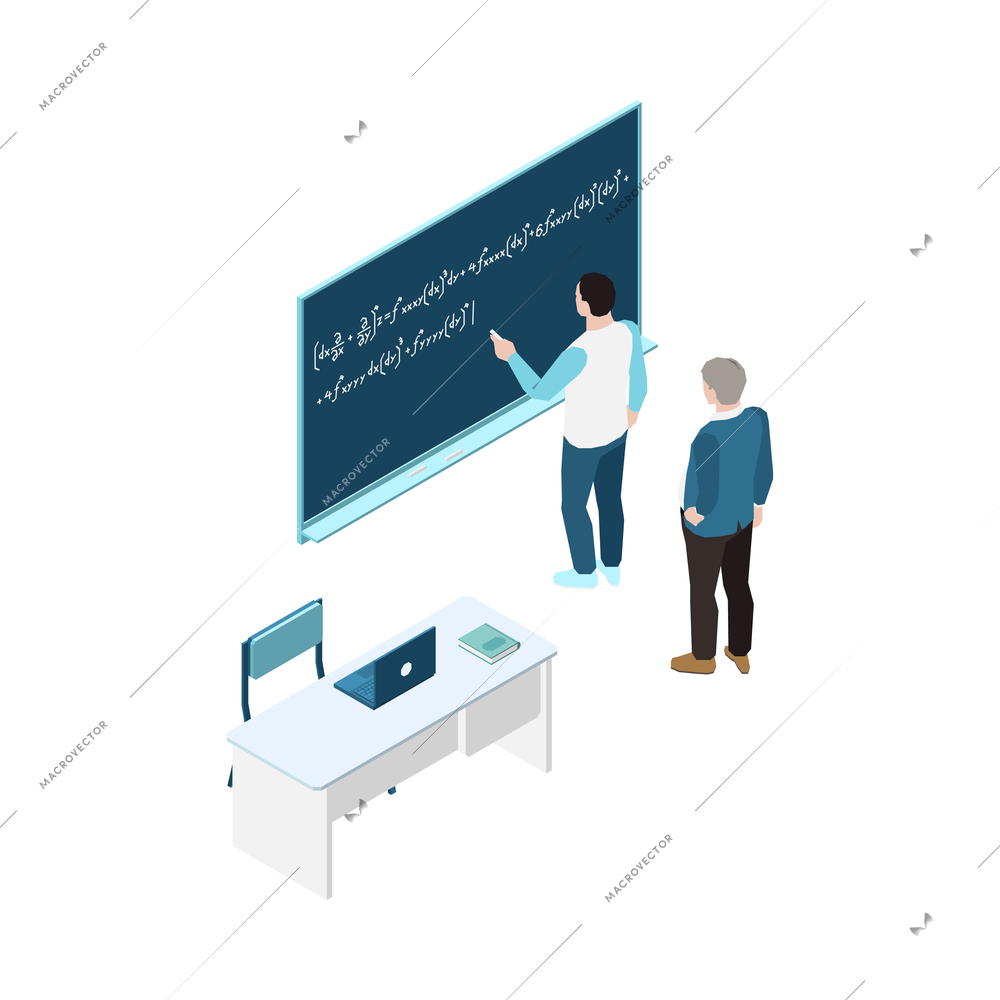 Isometric university classroom with professor and student writing on board 3d vector illustration