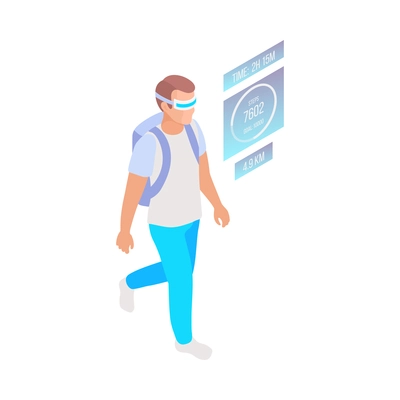 Man walking in augmented reality glasses showing activity data 3d isometric vector illustration