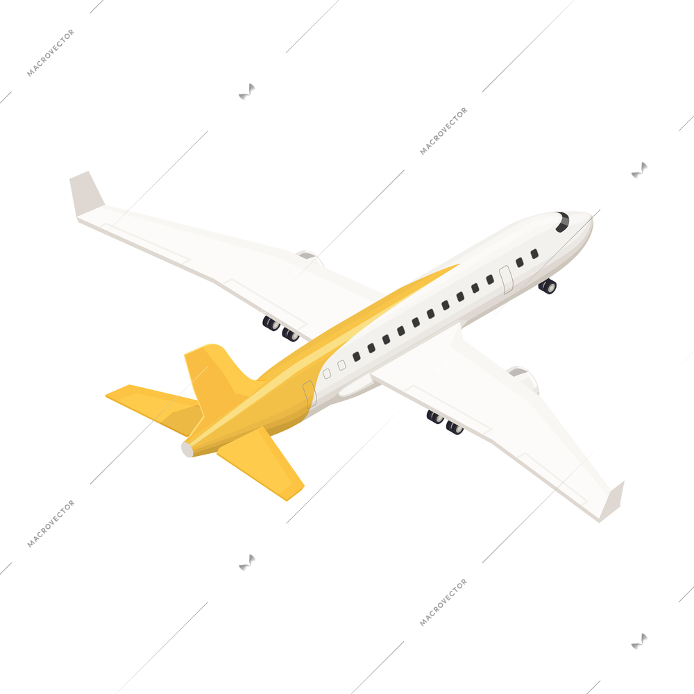 Isometric airplane in white and yellow color back view 3d vector illustration