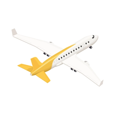 Isometric airplane in white and yellow color back view 3d vector illustration