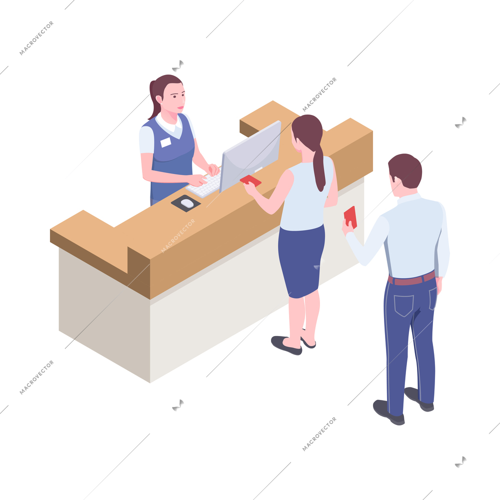 Airport check in counter with worker and travellers 3d isometric vector illustration