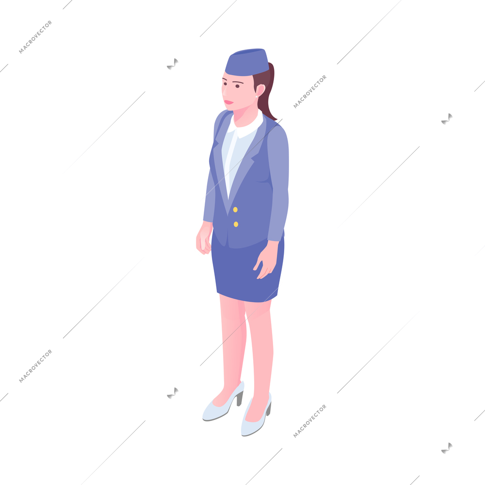 Isometric female flight attendant in blue uniform 3d vector illustration