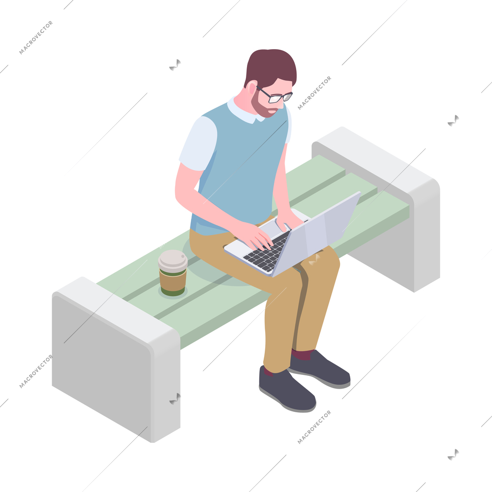 Isometric man working on laptop in park with cup of coffee 3d vector illustration