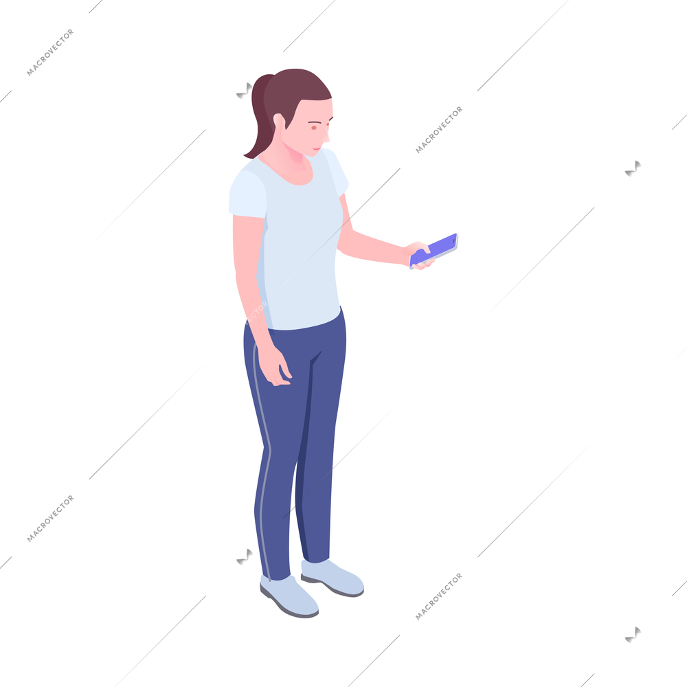 Isometric young woman with smartphone on white background 3d vector illustration