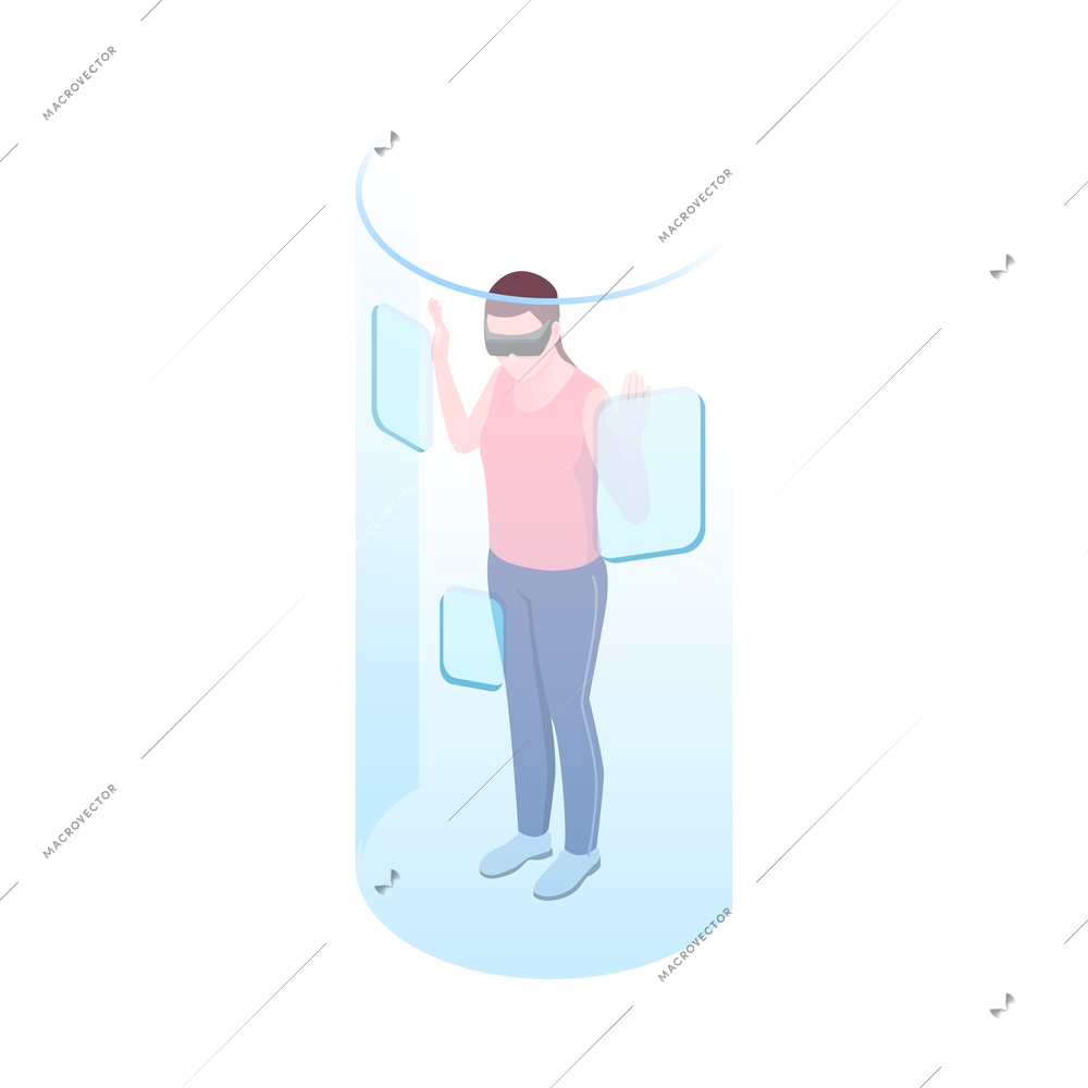 Isometric young woman wearing virtual reality headset 3d vector illustration