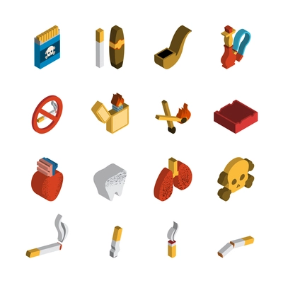 Smoking 3d isometric icon set with matches cigar pipe isolated vector illustration