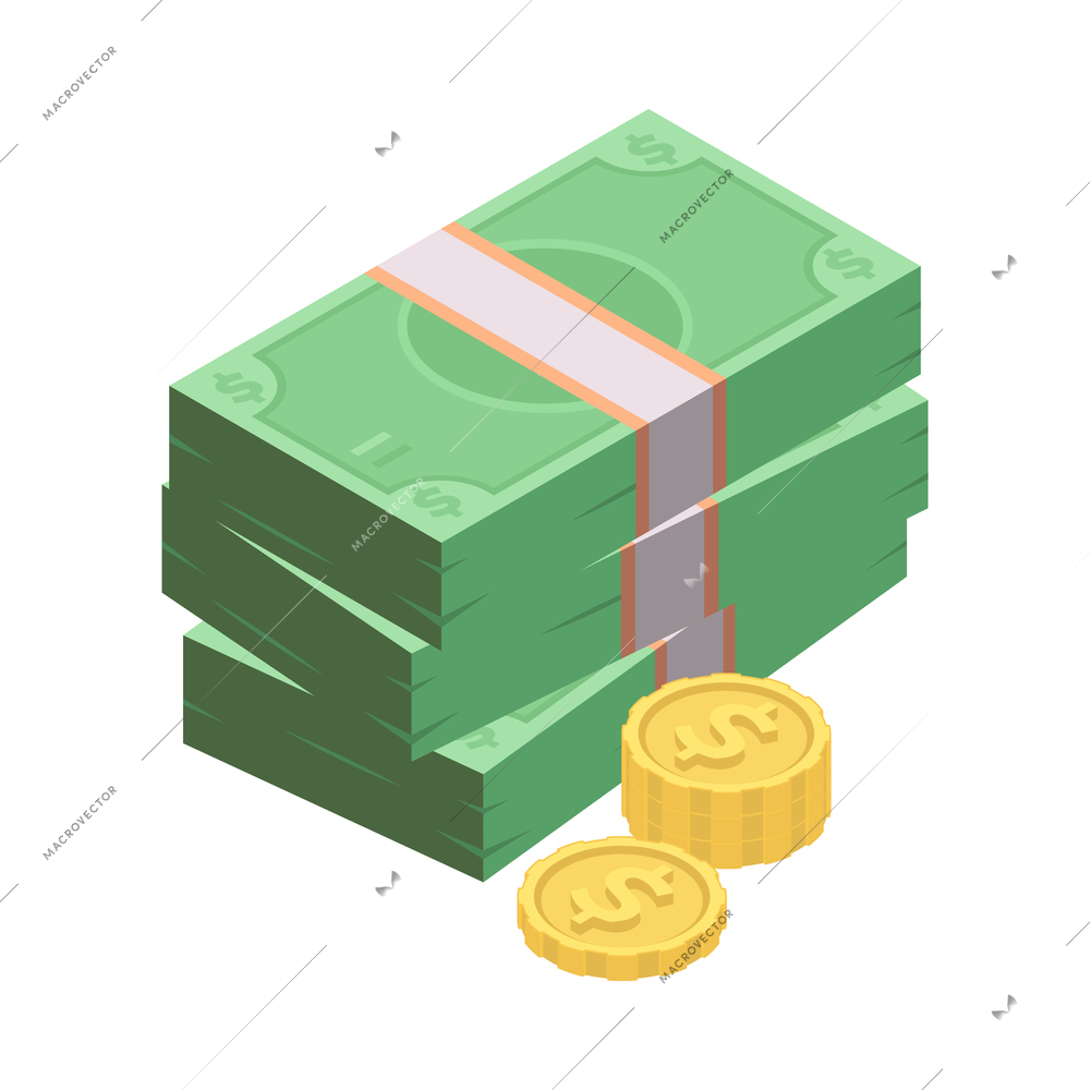 Money isometric icon with stacks of banknotes and coins 3d vector illustration