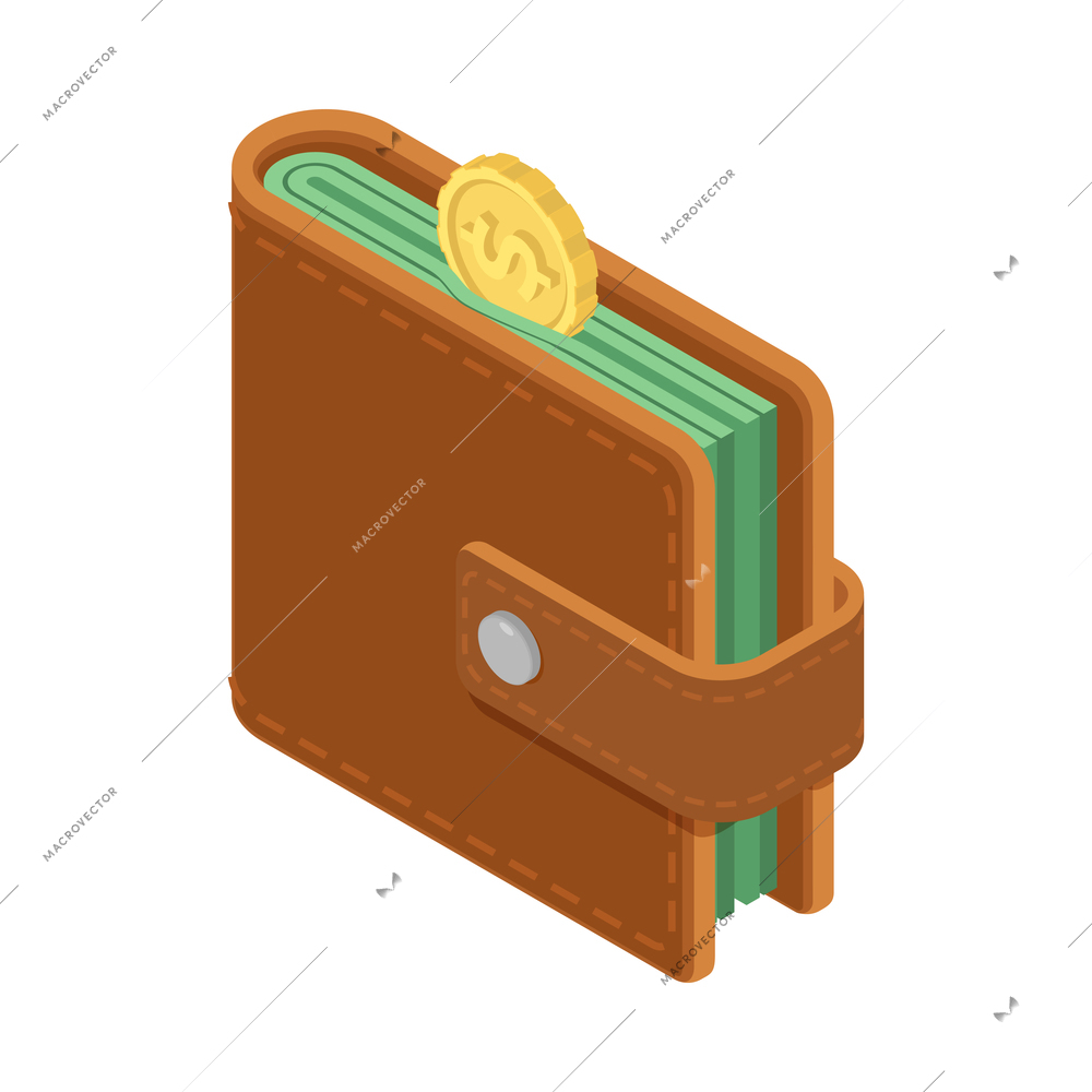 Isometric leather wallet with coin 3d icon vector illustration