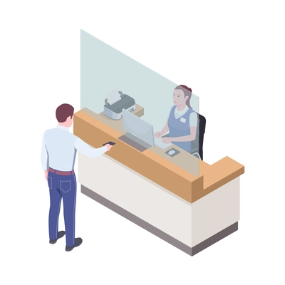 Man giving passport to bank cashier in cash department 3d isometric vector illustration