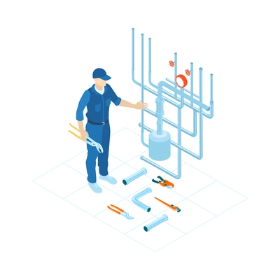 Plumbing service composition with plumber in uniform fixing pipeline 3d isometric vector illustration