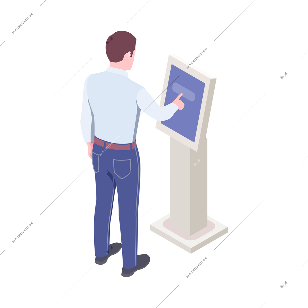 Isometric man using touch screen information kiosk 3d vector illustration