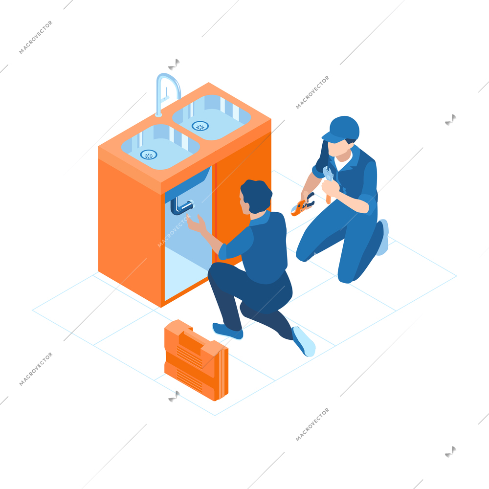 Plumbers in uniform fixing leaking sink 3d isometric vector illustration