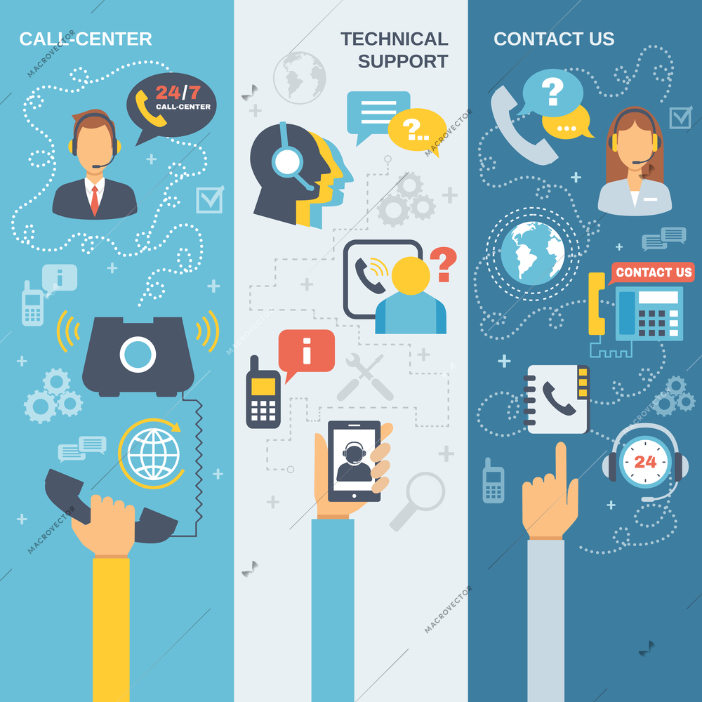 Technical support call center contact us flat vertical banner set isolated vector illustration