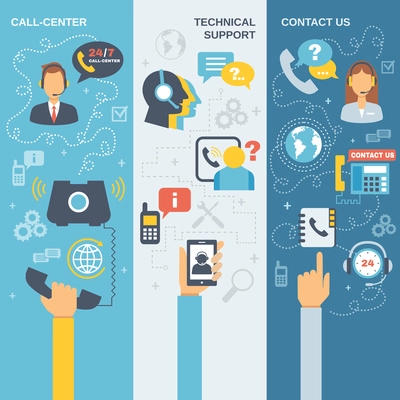 Technical support call center contact us flat vertical banner set isolated vector illustration