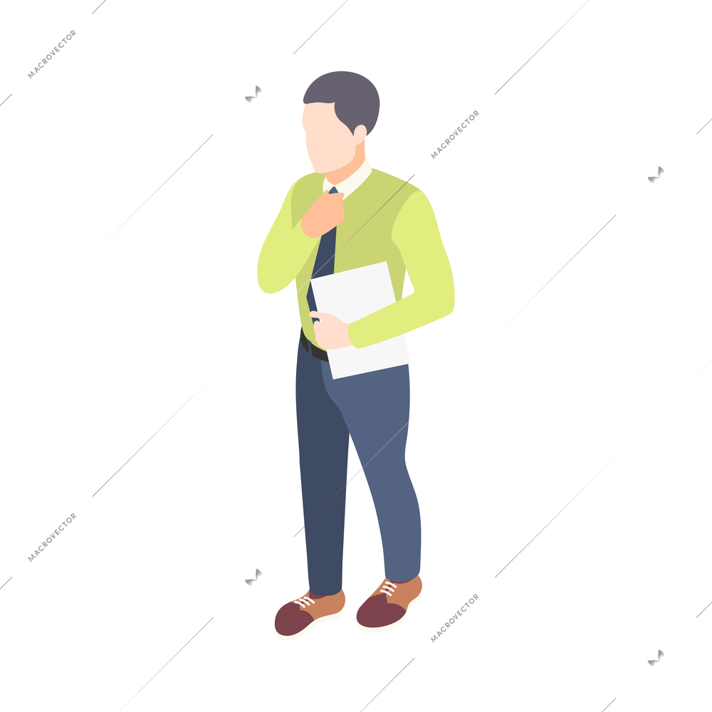 Male job candidate with cv isometric faceless character on white background 3d vector illustration